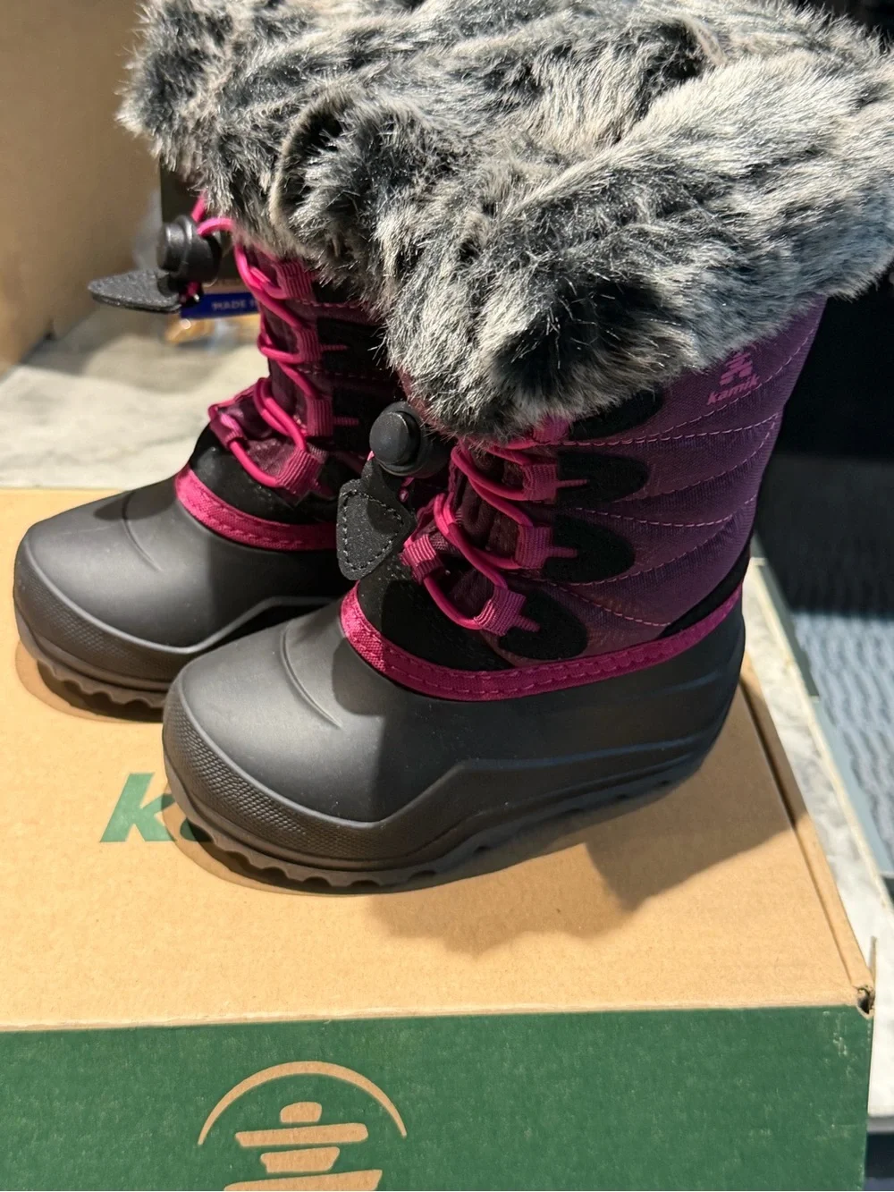 Kamik Children's Winter Snow Boots with Faux Fur Trim - Black & Plum